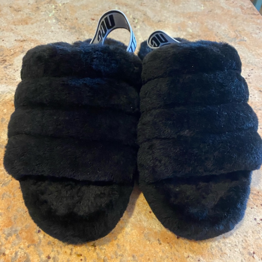 UGG Black Fluffy Slippers